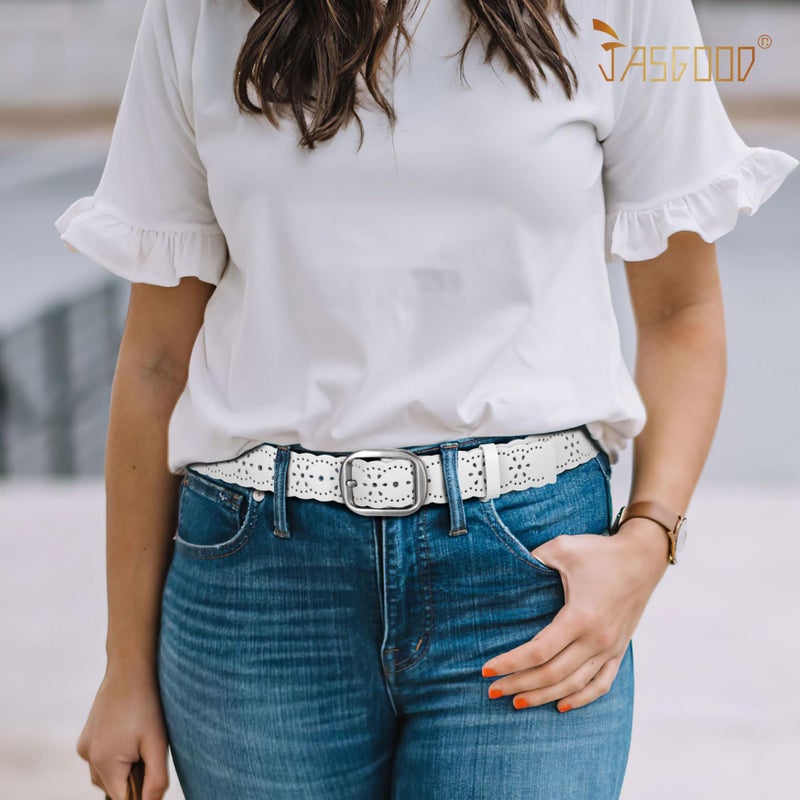 JASGOOD Women's Hollow Flower Genuine Leather Belt for Jeans Pants Wide Belt for Ladies - Image 3